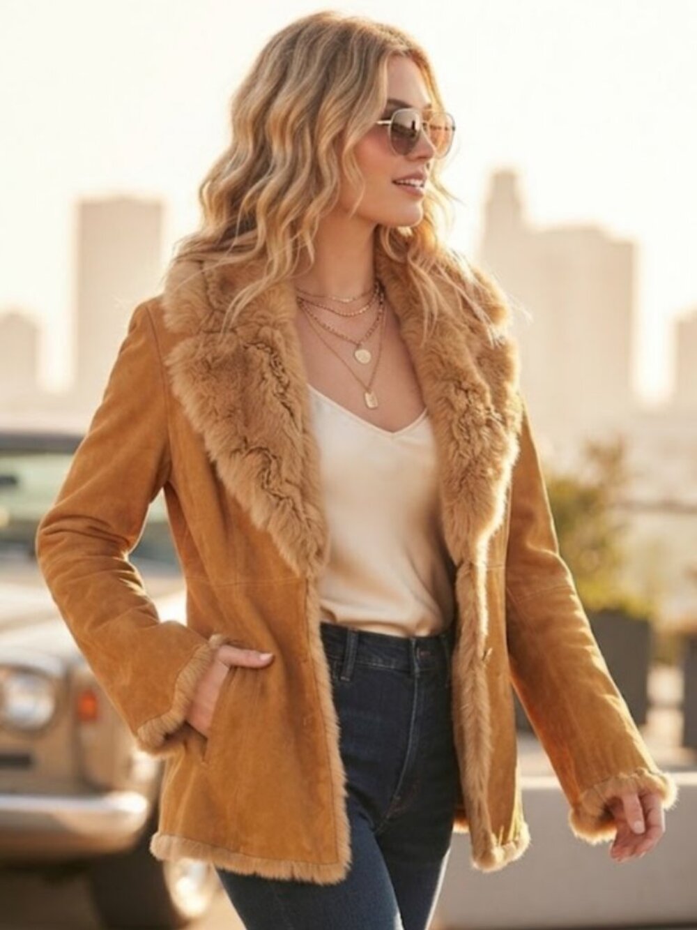 Vintage Rare Wilson Real Fur Suede Coat Women  L / XL Camel Tan Boho Luxe Penny